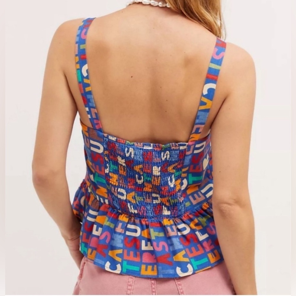 NWT Farm Rio Anthropologie Fantastic Peplum Ruffle Multi Color Tank Top Size XL - Picture 2 of 11